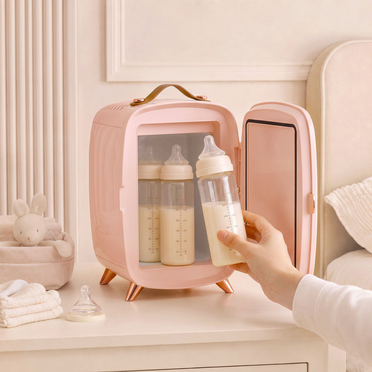 Pink mini fridge with door open, holding baby bottles and skincare bottles