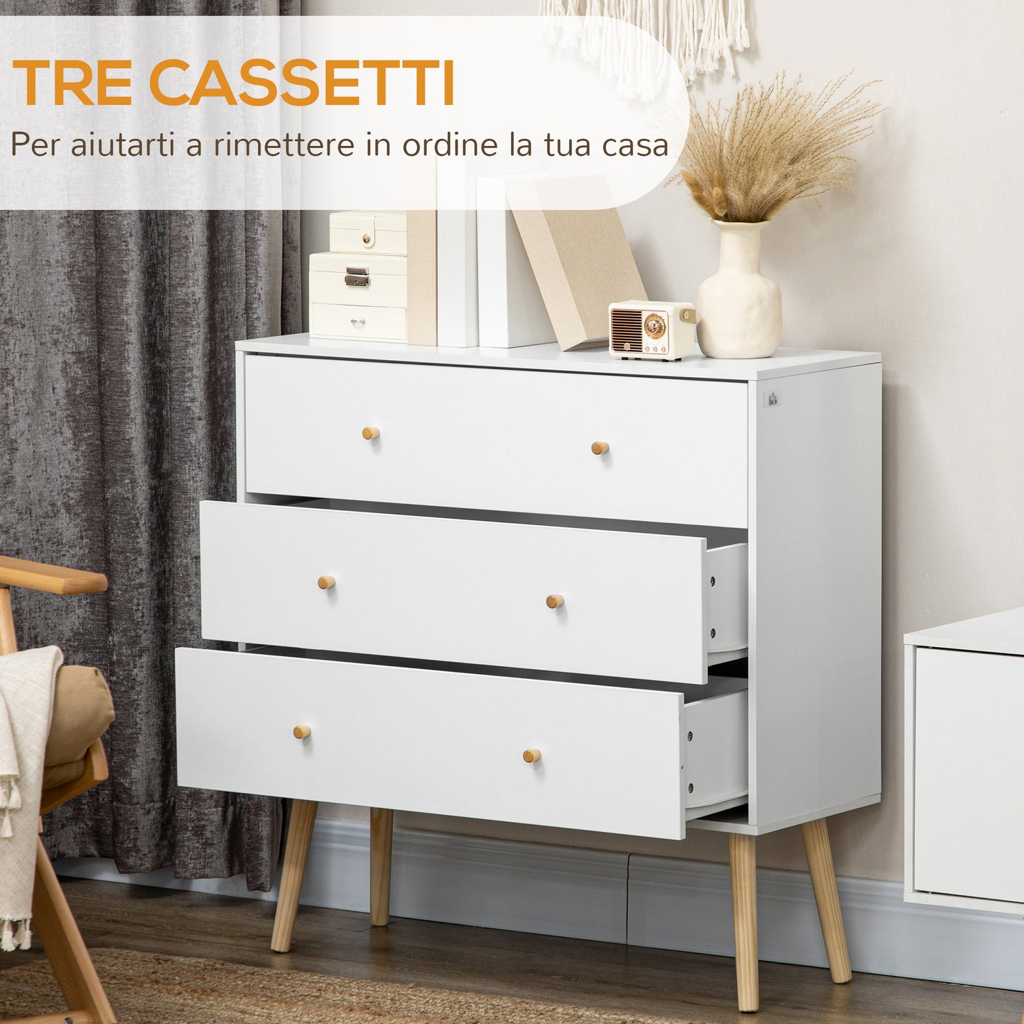 HOMCOM Elegant 3-Drawer White Dresser with Wooden Legs for Stylish Bedroom Storage - ALL4U RETAILER LTD