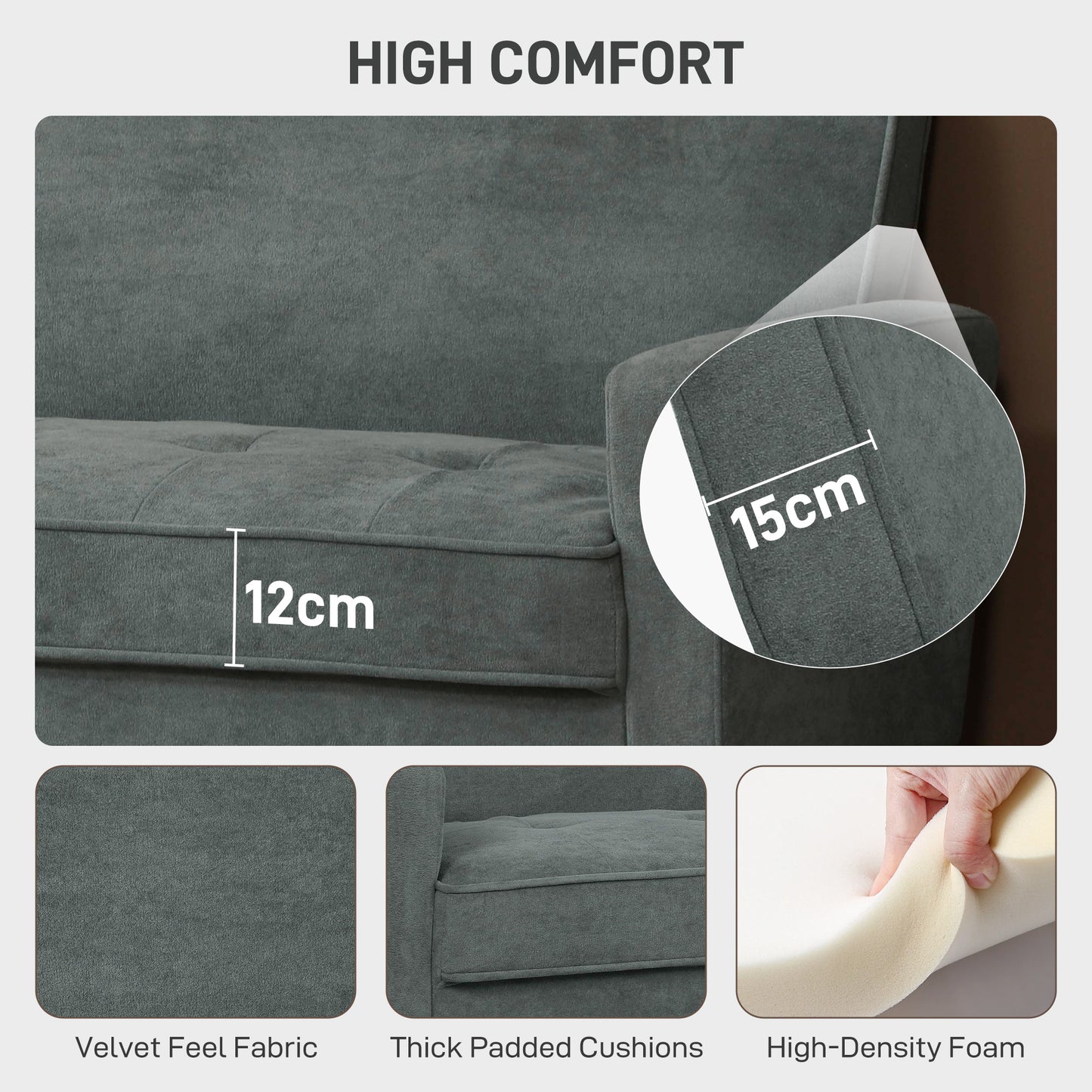 HOMCOM Two-Seater Velvet-Feel Sofa With S Springs Wooden Legs And Anti-Slip Feet Grey Upholstery
