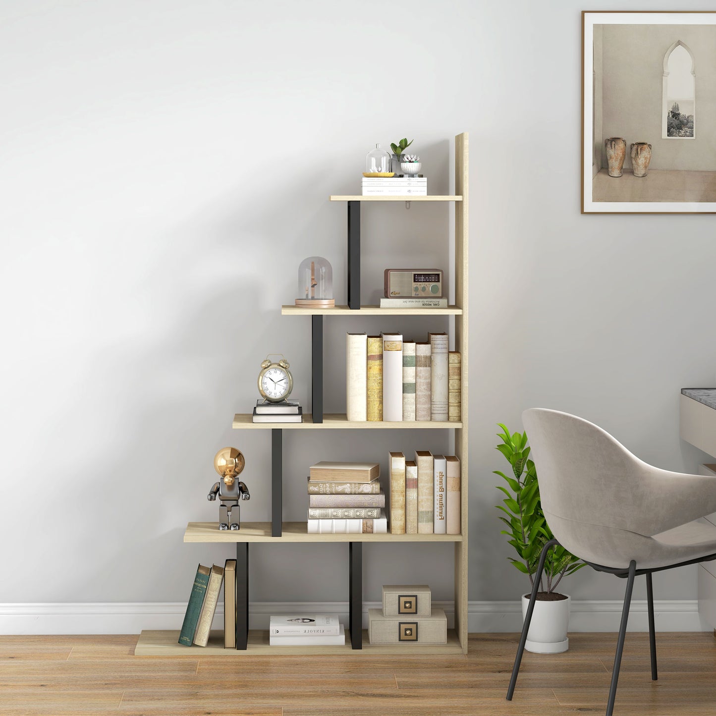 HOMCOM 5 Tier Wooden Ladder Bookshelf Display Stand Oak Finish For Home Office Living Room Organization
