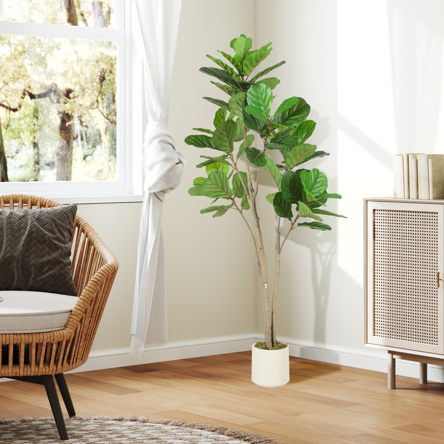 HOMCOM 150cm Artificial Ficus Tree in White Cement Planter with Weighted Base for Realistic Green Indoor Decor