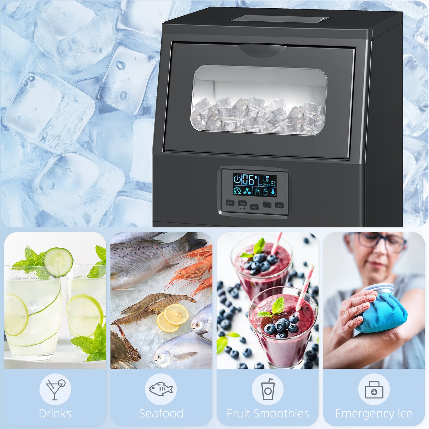 HOMCOM Commercial Ice Maker With 4 Kg Storage Black Front Transparent Cover 30 Kg Daily Square Ice Cubes Production