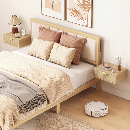 HOMCOM Modern Floating Nightstands Set of 2 Wall Mounted Bedside Tables with Wave Drawer Oak Finish