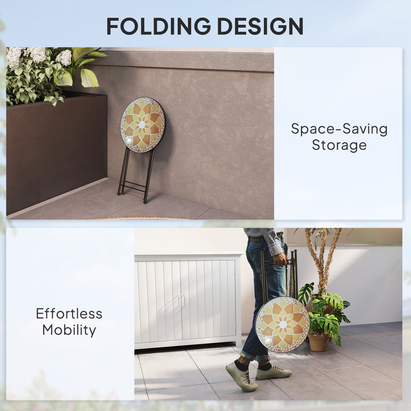 Outsunny Mosaic Round Folding Outdoor Garden Table With Metal Frame 35.5cm Yellow Balcony Terrace Coffee Table