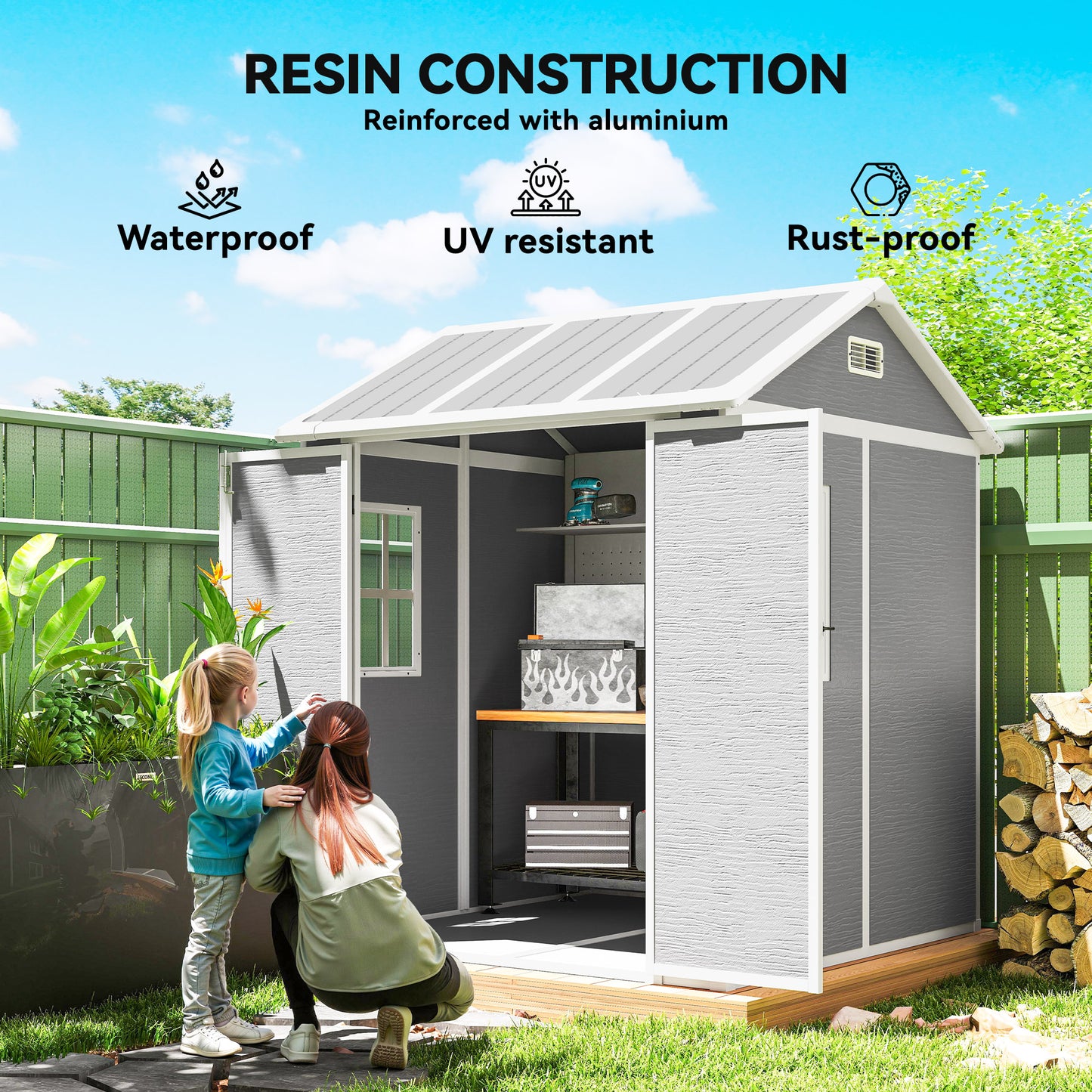 Outsunny 6 By 6ft Wood Effect Resin Garden Tool Shed With Floor Window Lockable Doors And Vents Grey