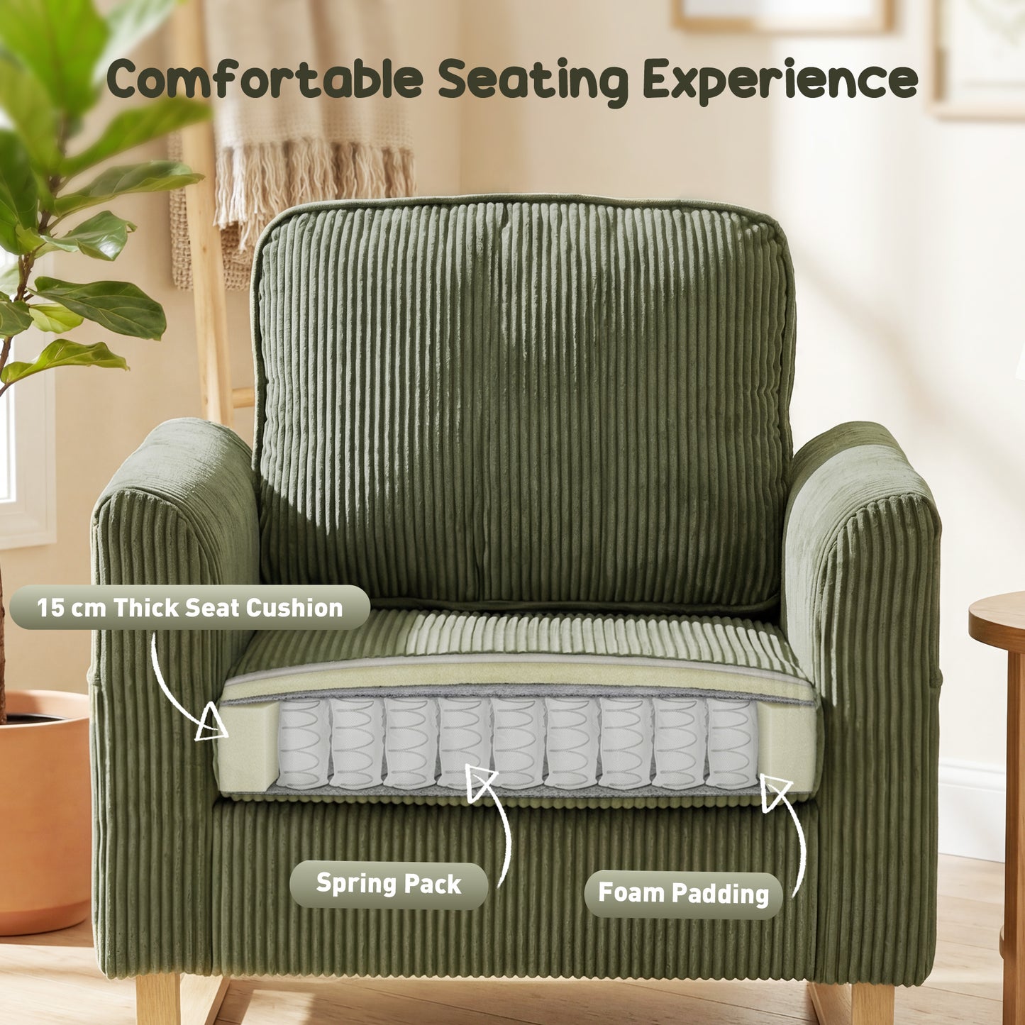 HOMCOM Accent Chair With Pocket Spring Core Modern Industrial Armchair In Dark Green Corduroy For Living Room