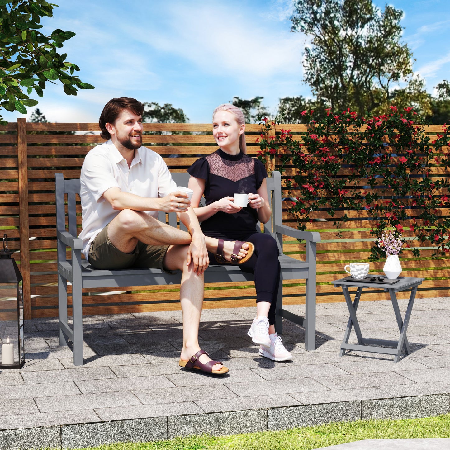 Outsunny 2 Seater Wooden Garden Bench Outdoor Patio Loveseat For Porch Grey Weather Resistant Poplar Wood