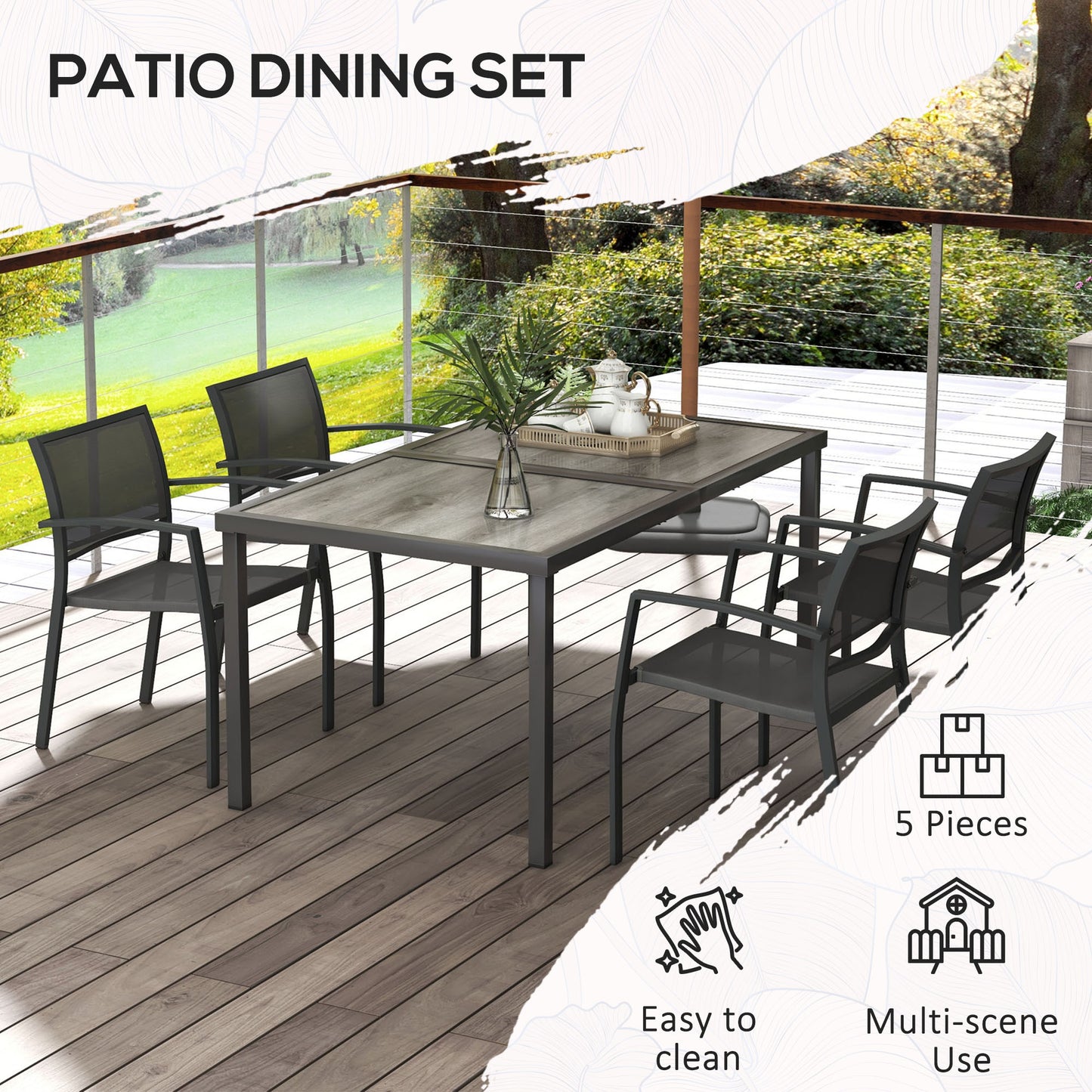 Outsunny Five Piece Casual Outdoor Dining Set With Wood Effect Table In Grey Weather Resistant