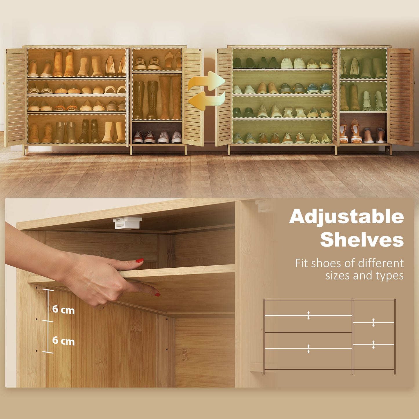 HOMCOM Bamboo Shoe Cabinet With Louvered Doors Natural Finish 18 Pair Shoe Storage With Adjustable Shelves For Hallway