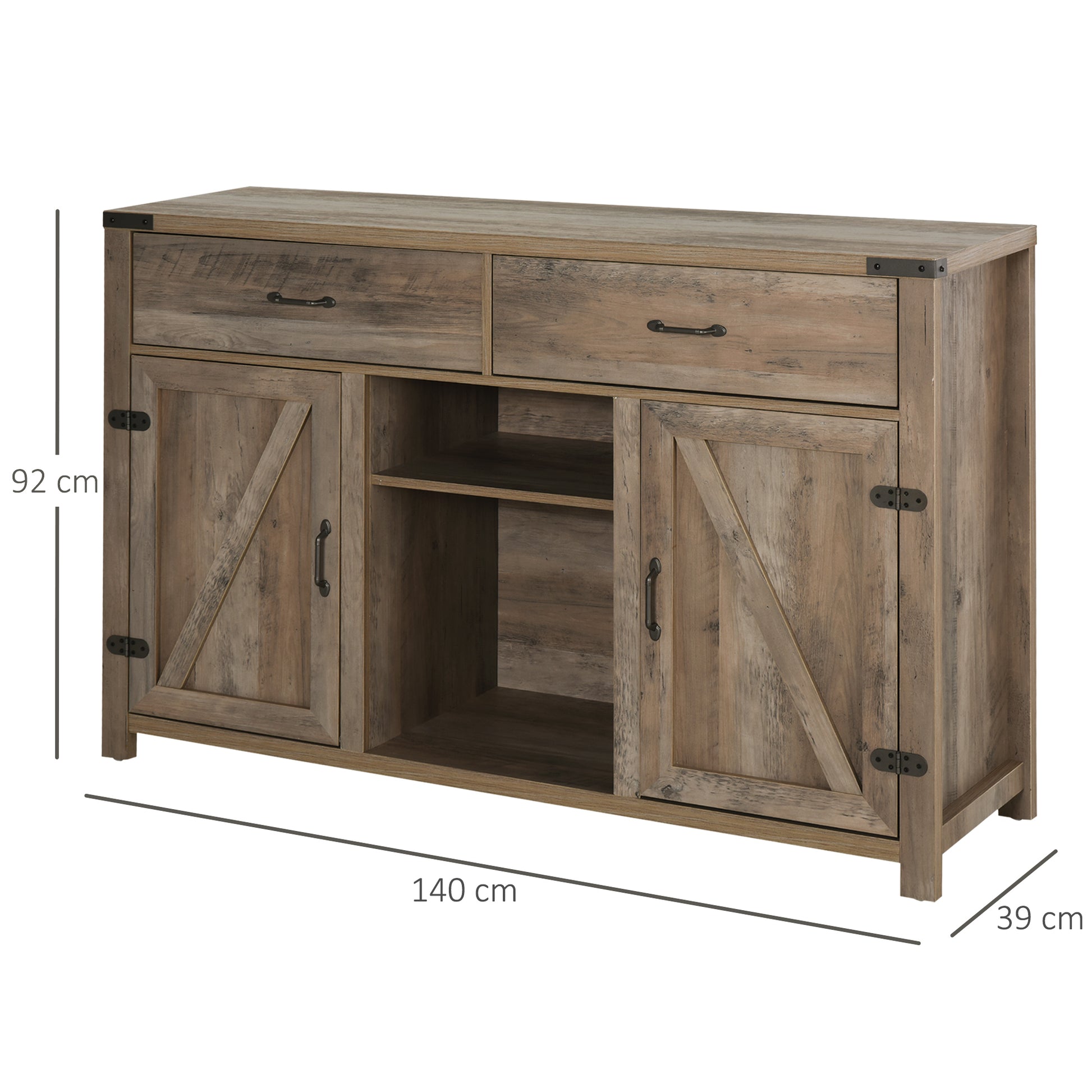 HOMCOM Rustic Freestanding Side Cabinet with Multi-Storage and Bronze Handles - 2 Drawers & Cupboards, 140L x 39W x 58H cm - ALL4U RETAILER LTD