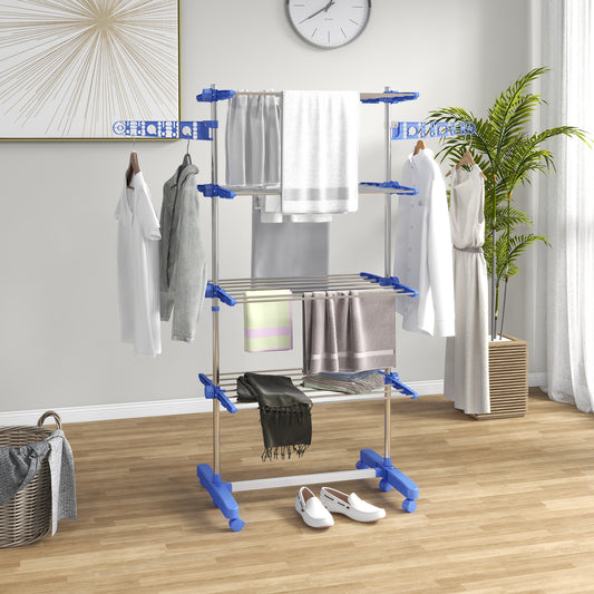 HOMCOM Portable 4-Tier Stainless Steel Clothes Drying Rack with Wheels and Folding Wings for Indoor & Outdoor Use - ALL4U RETAILER LTD