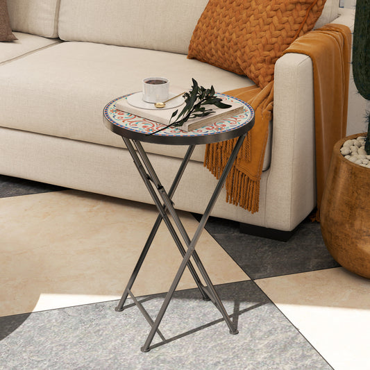Outsunny Mosaic Outdoor Garden Table 35.5cm Round Folding Coffee Table With Metal Frame For Balcony Terrace Multicolour