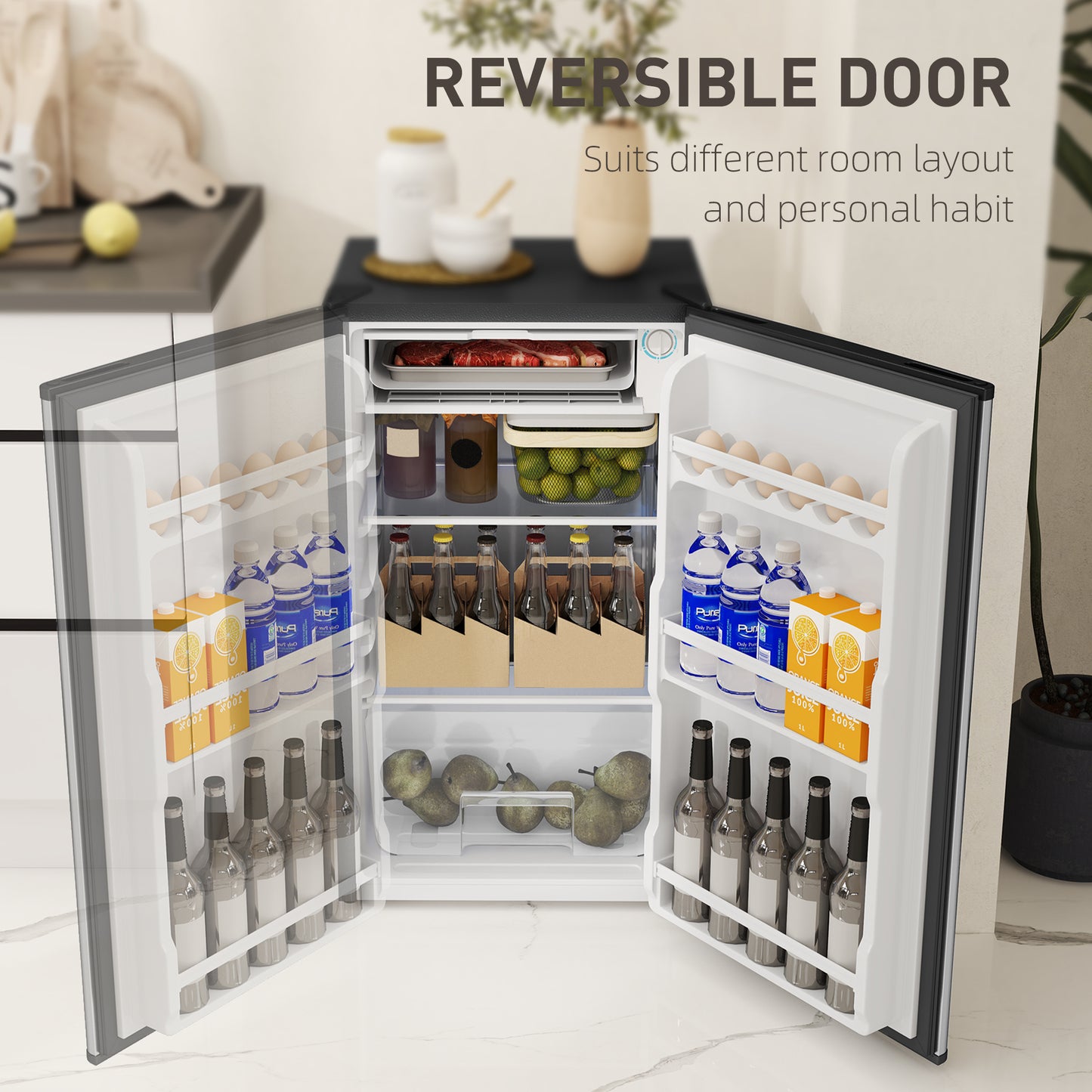 HOMCOM 91L Under Counter Fridge With Chiller Removable Shelf Reversible Door Adjustable Legs Mini Fridge Silver