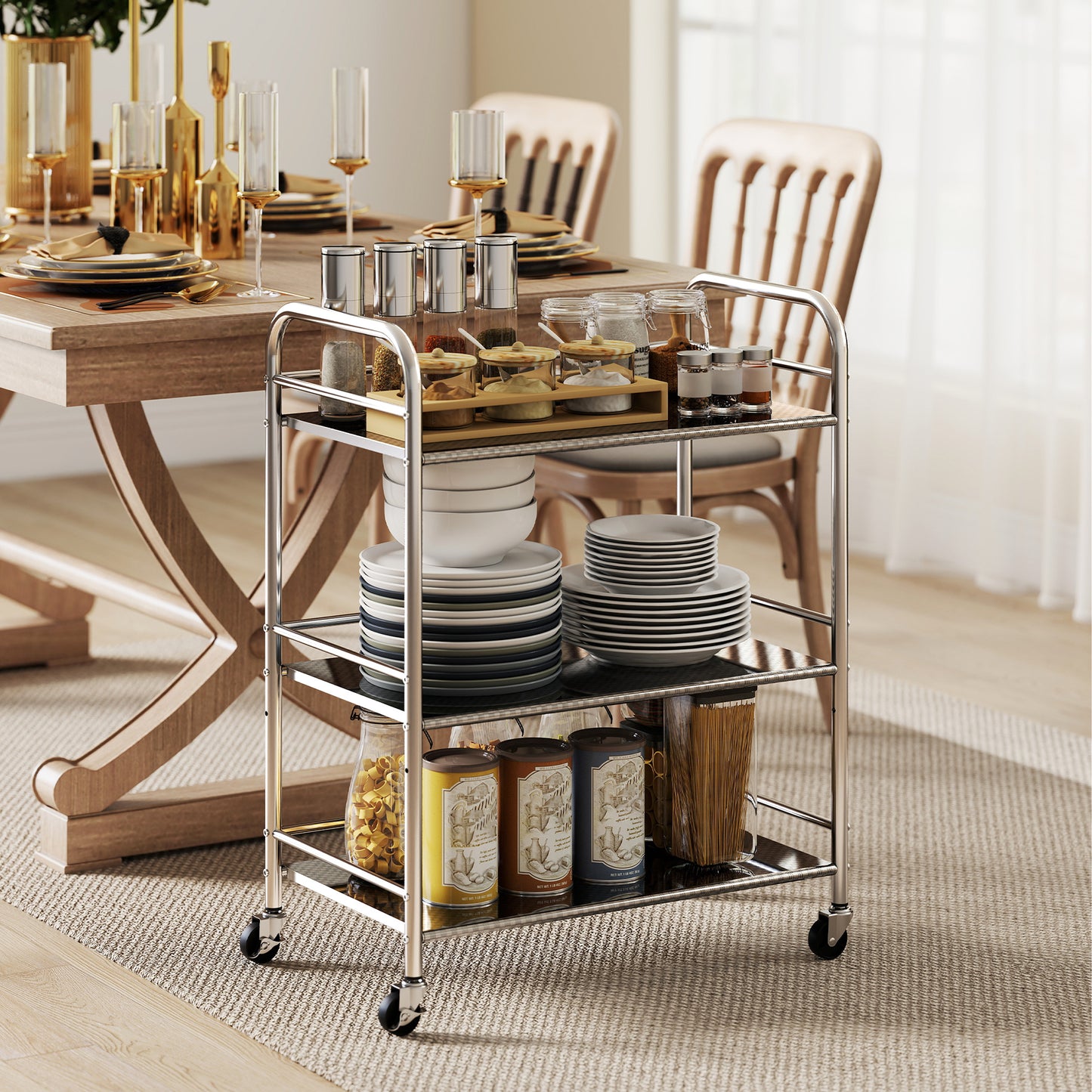 HOMCOM 3 Tier Stainless Steel Kitchen Storage Trolley With Adjustable Middle Shelf Silver Finish