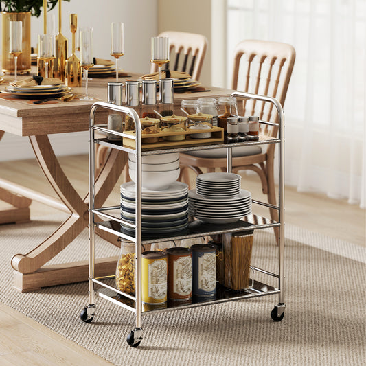 Silver stainless steel 3-tier kitchen trolley with adjustable middle shelf and casters