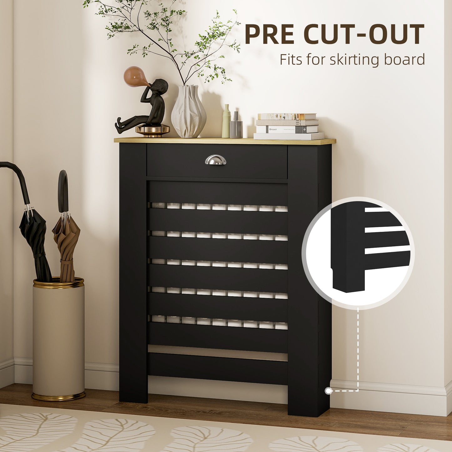 HOMCOM Black Radiator Cover With Drawer 95.5H x 78W cm Slim Slatted Cabinet Heat Shield