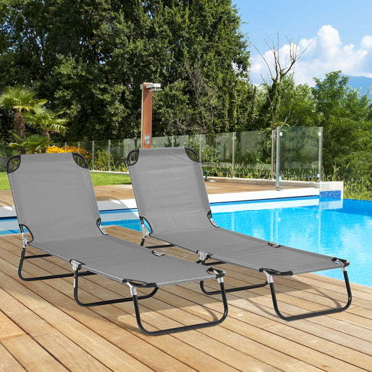 Outsunny Folding Sun Loungers Set Of 2 Five Position Adjustable Backrests Mesh Recliners For Beach And Patio Dark Grey
