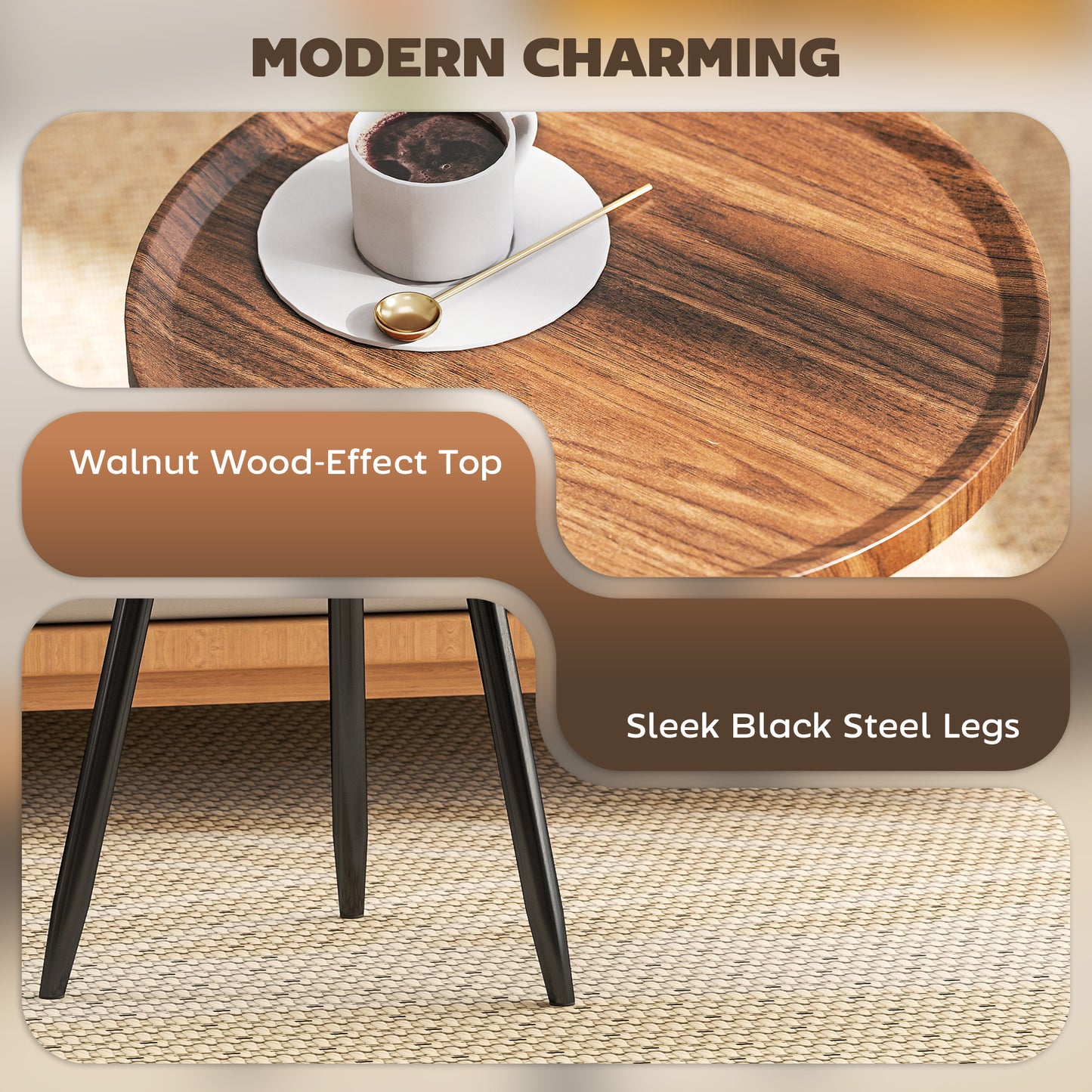 HOMCOM Modern Round Coffee Table With Steel Frame For Small Space Living Room And Bedroom Walnut Wood Effect
