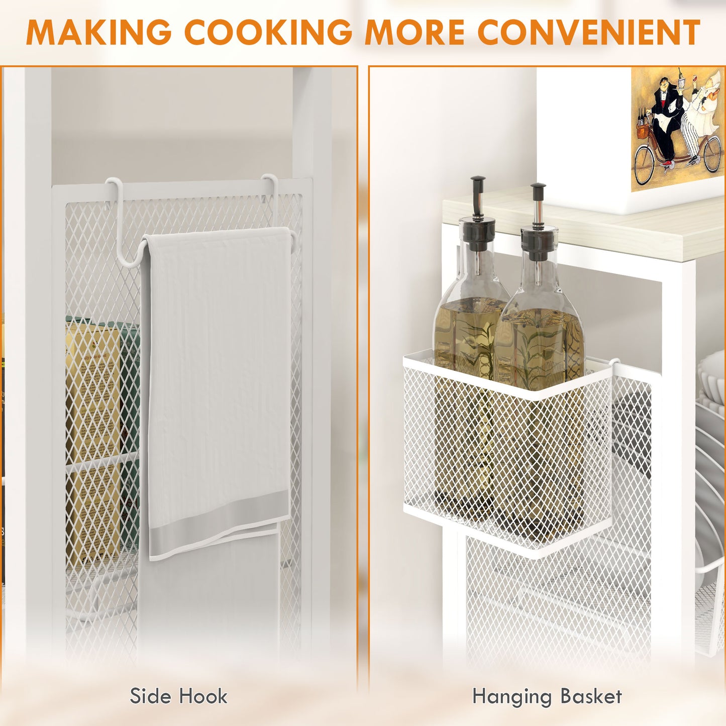 HOMCOM 3 Tier Kitchen Cart With Steel Wire Baskets On Wheels White Finish For Kitchen Organization And Storage