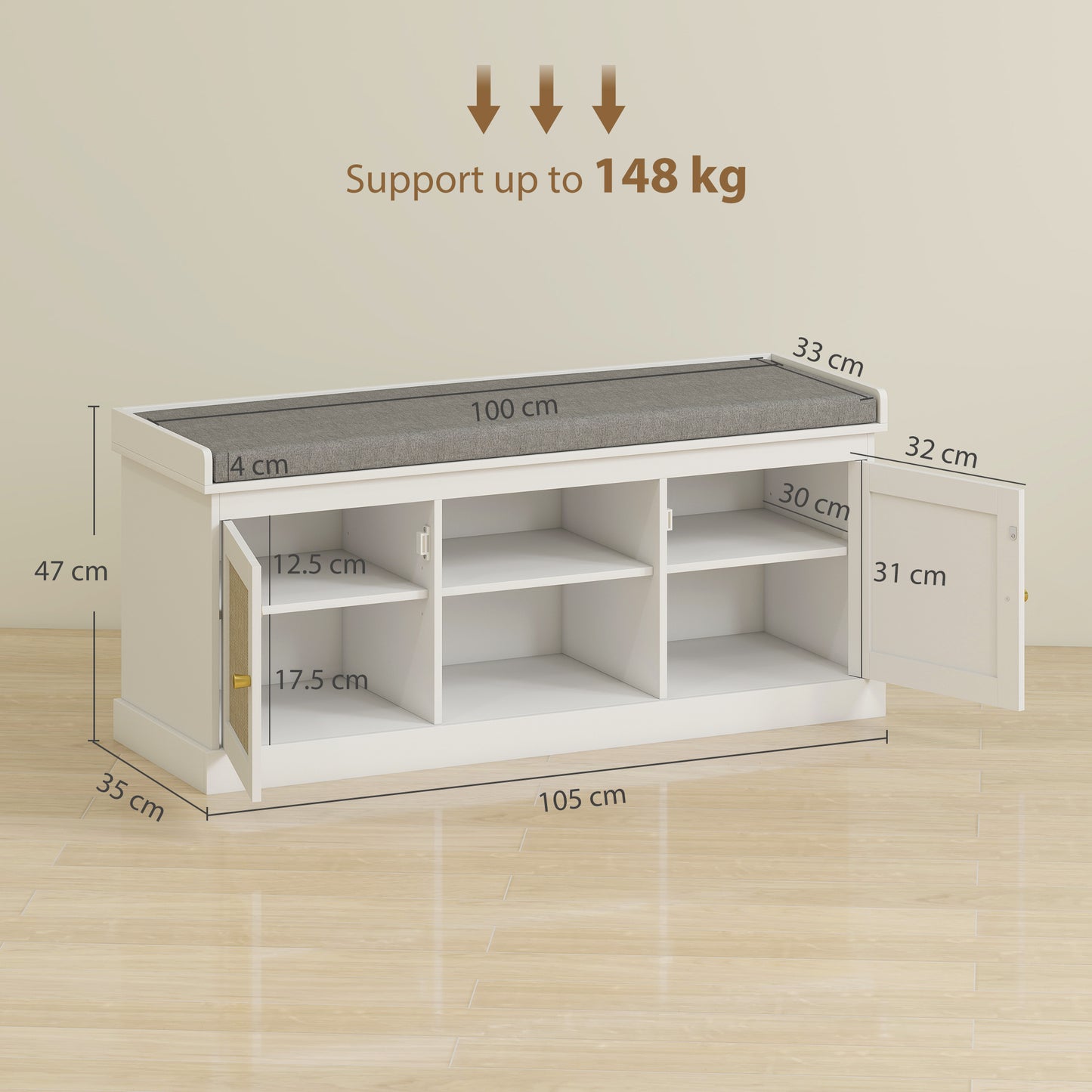 HOMCOM Boho Shoe Storage Bench With Padded Cushion And Rattan Doors Holds Up To Nine Pairs White