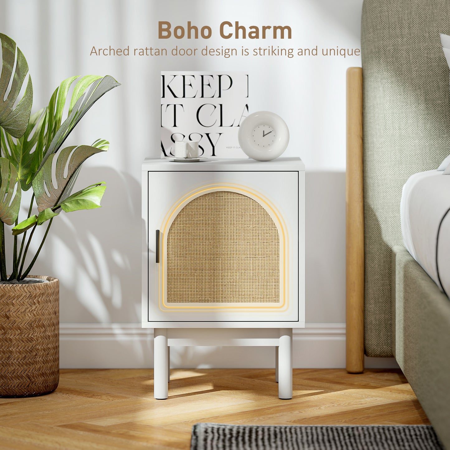 HOMCOM Rattan Bedside Table White Two Tier With Adjustable Shelves Arch Door Non Slip Wood Legs
