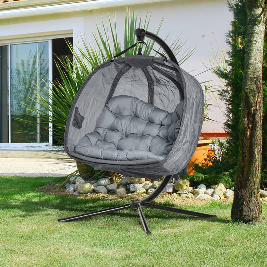 Outsunny Double Hanging Egg Chair Swing, Grey, Indoor Outdoor - ALL4U RETAILER LTD