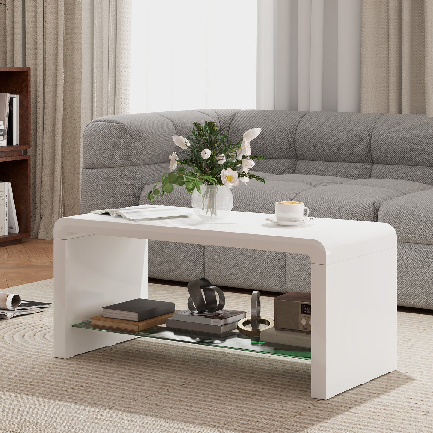 HOMCOM Curved Two Tier Coffee Table With High Gloss White Finish And Two Storage Levels