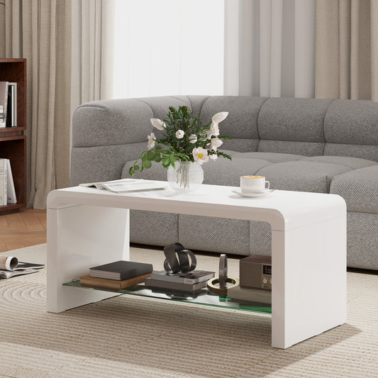 HOMCOM Curved Two Tier Coffee Table With High Gloss White Finish And Two Storage Levels