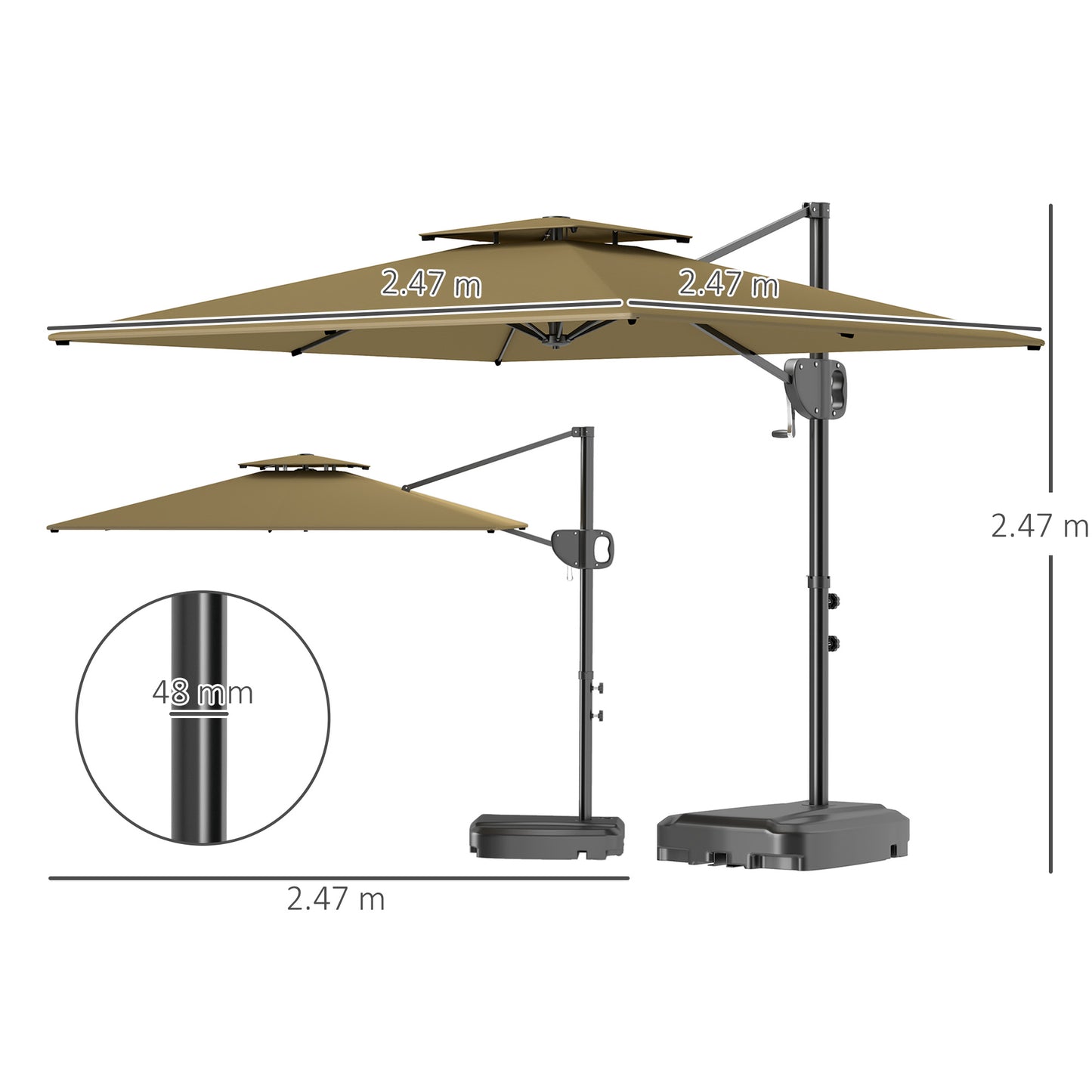 Outsunny Cantilever Parasol With Weighted Base And Crank Tilt For Garden Patio UV Protection Khaki