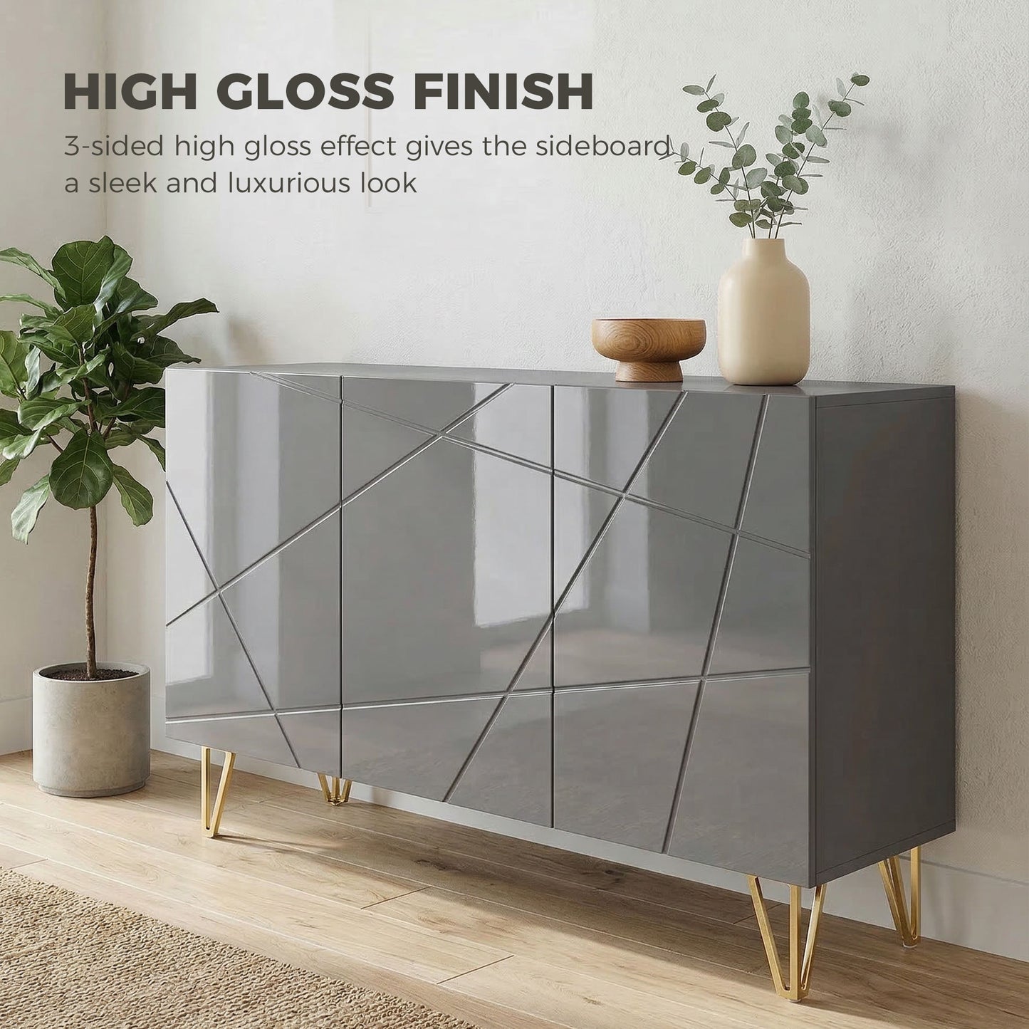 HOMCOM Modern Luxe High Gloss Sideboard with Hairpin Legs in Grey Gold Colored Finish with Two Large Storage Areas