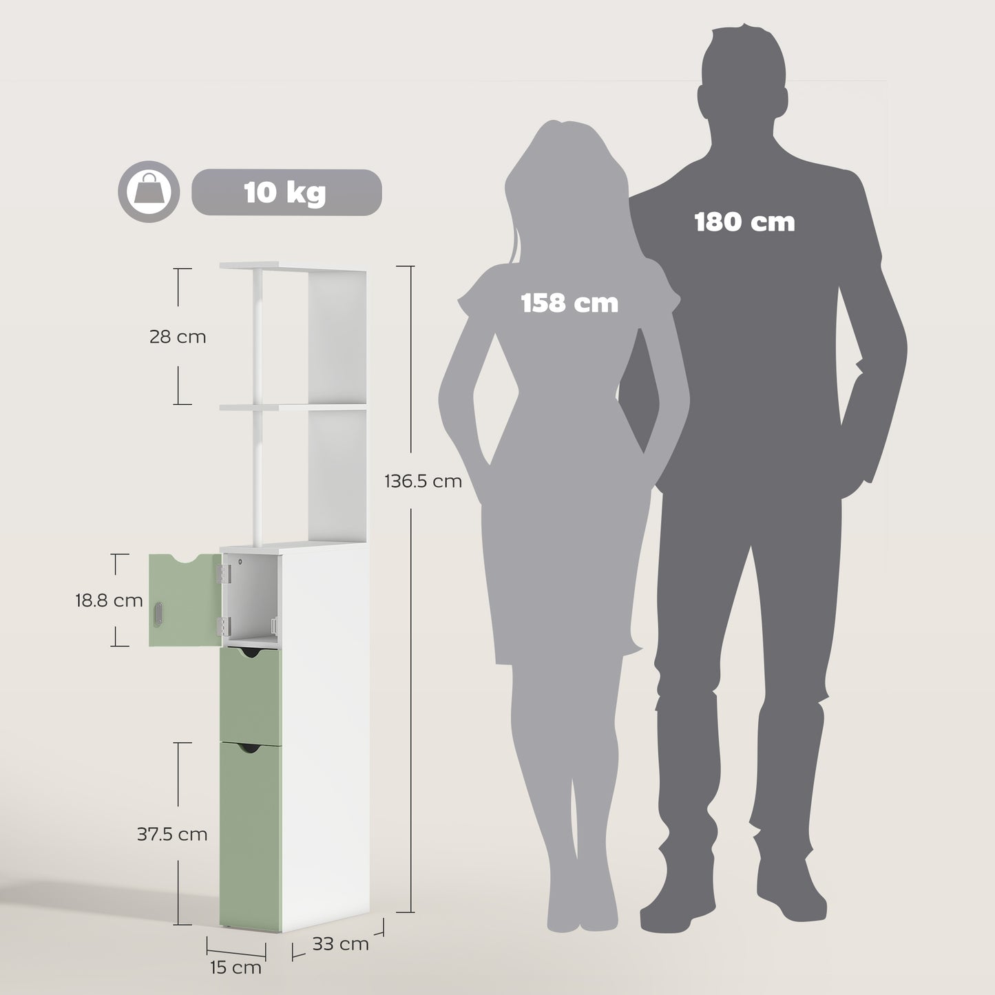 HOMCOM Slim Bathroom Storage Cabinet Tall Floor Cabinet With 2 Tier Shelf And 2 Drawers White And Light Green