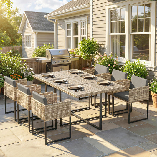 Outsunny 7 Piece Rattan Garden Furniture Set Dining Set With Wood Plastic Table And 6 Stackable Chairs Light Brown