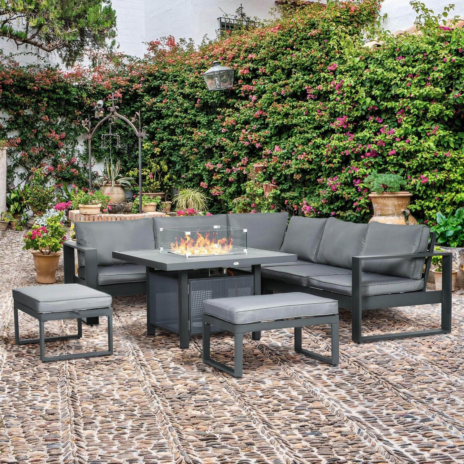 6-piece outdoor sofa set with gray cushions and fire pit table, with two ottomans