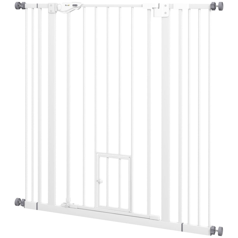 PawHut Extra Tall Pet Gate with Cat Flap, Indoor Safety Gate for Dogs, Auto-Close, Adjustable Width 74-101cm - White - ALL4U RETAILER LTD