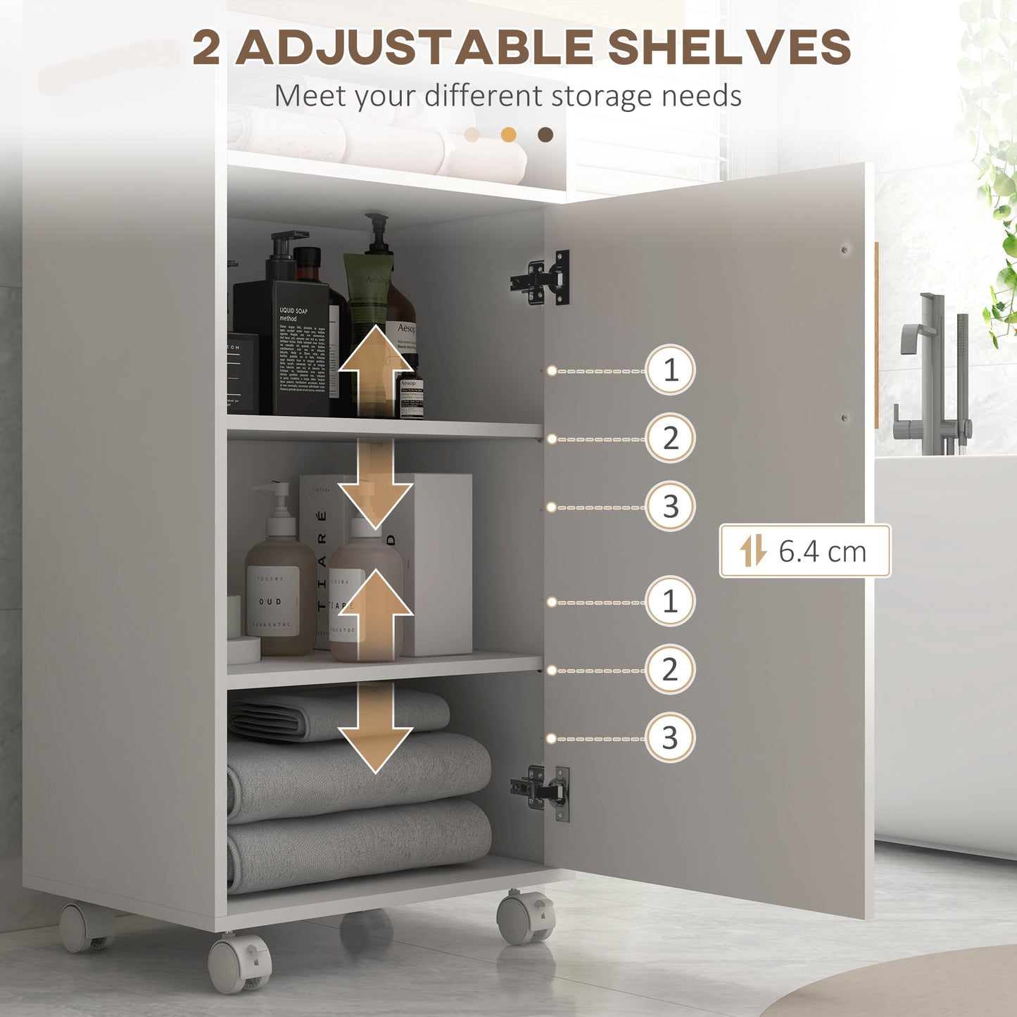 Kleankin Scandinavian Style Mobile Bathroom Storage Cabinet with Adjustable Shelves and Removable Tray - ALL4U RETAILER LTD