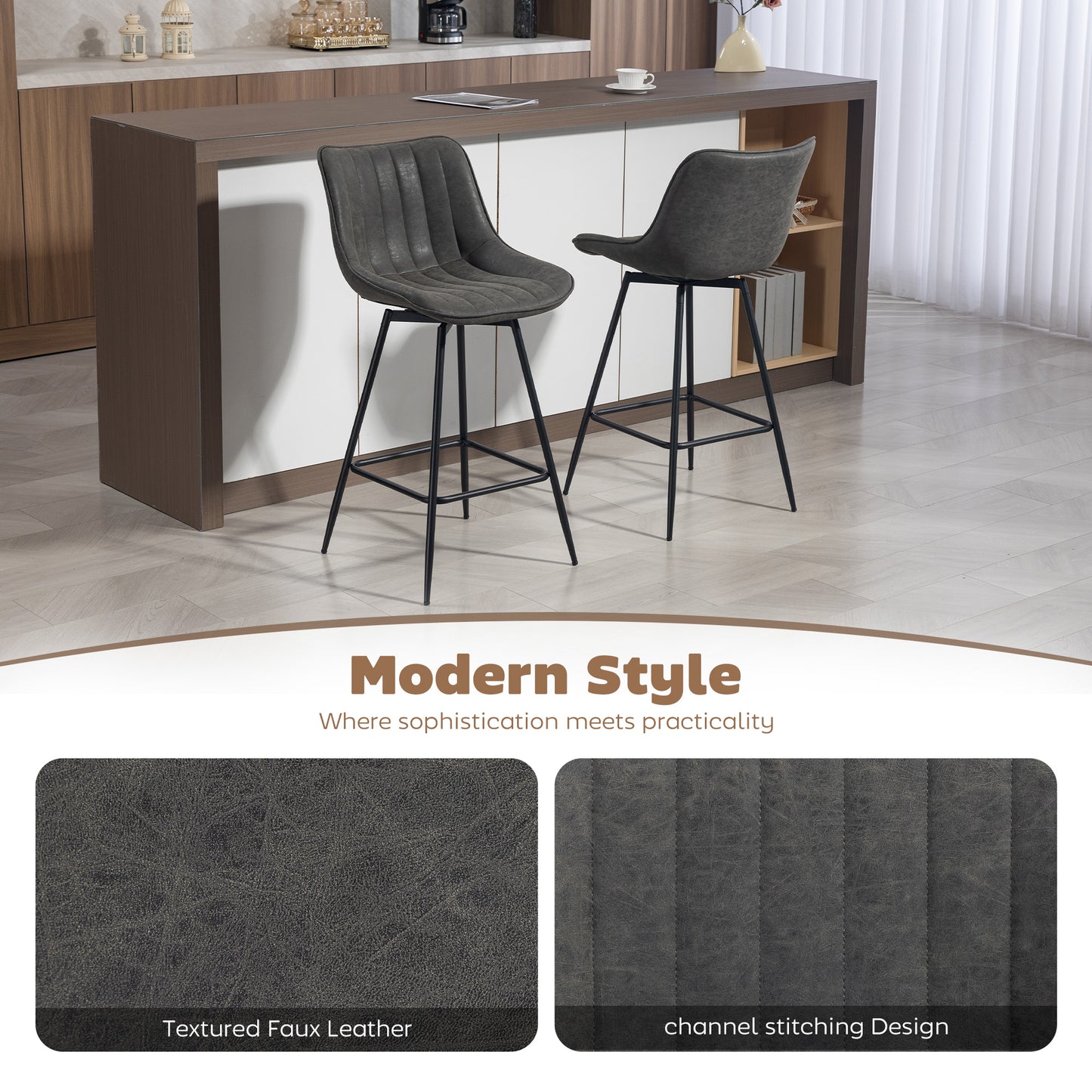 HOMCOM Set Of 2 PU Leather Swivel Bar Stools Grey For Kitchen Island And Counter Seating