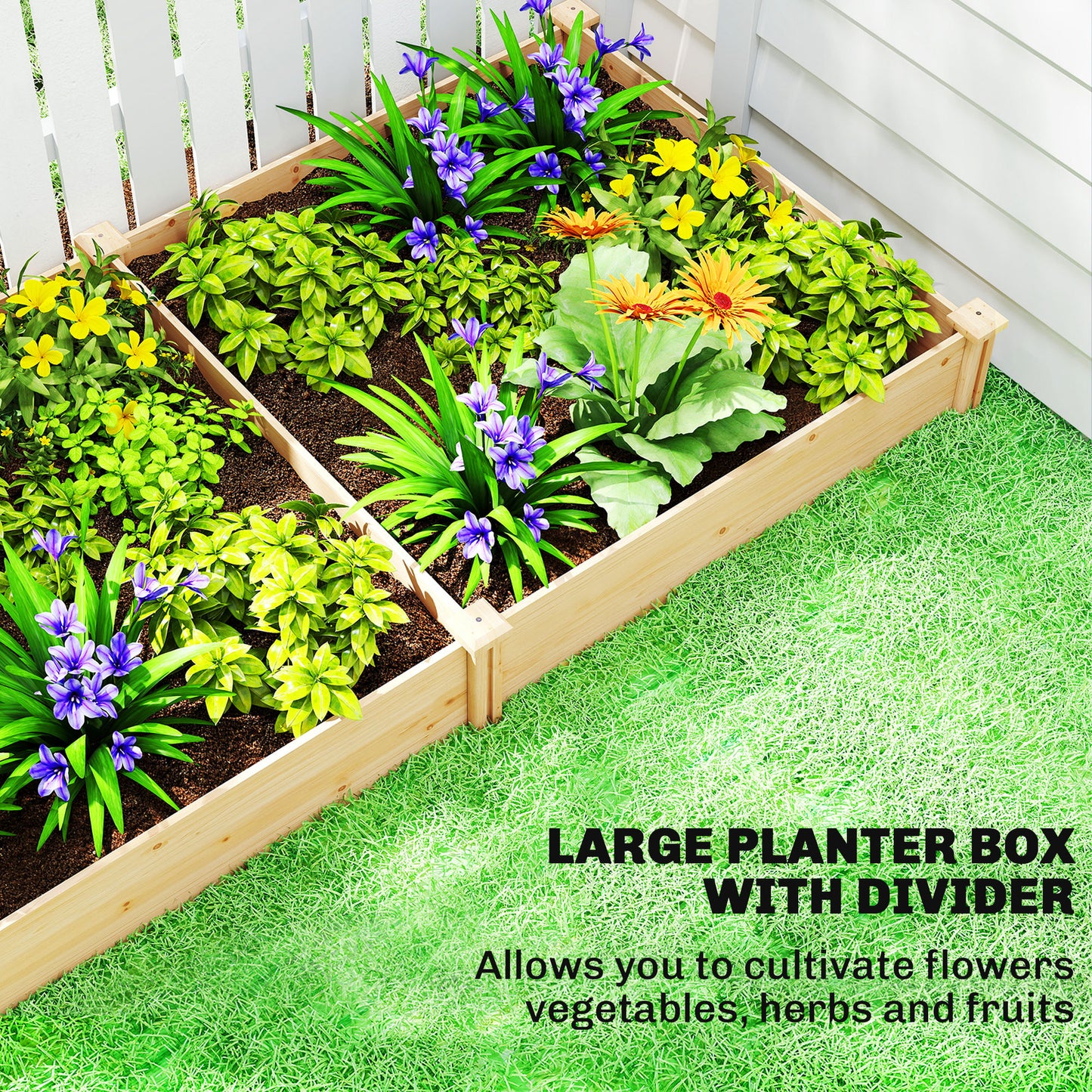 Outsunny Raised Garden Bed Wooden Planter Box With Divider Open Bottom For Flowers Herbs Vegetables DIY Painting