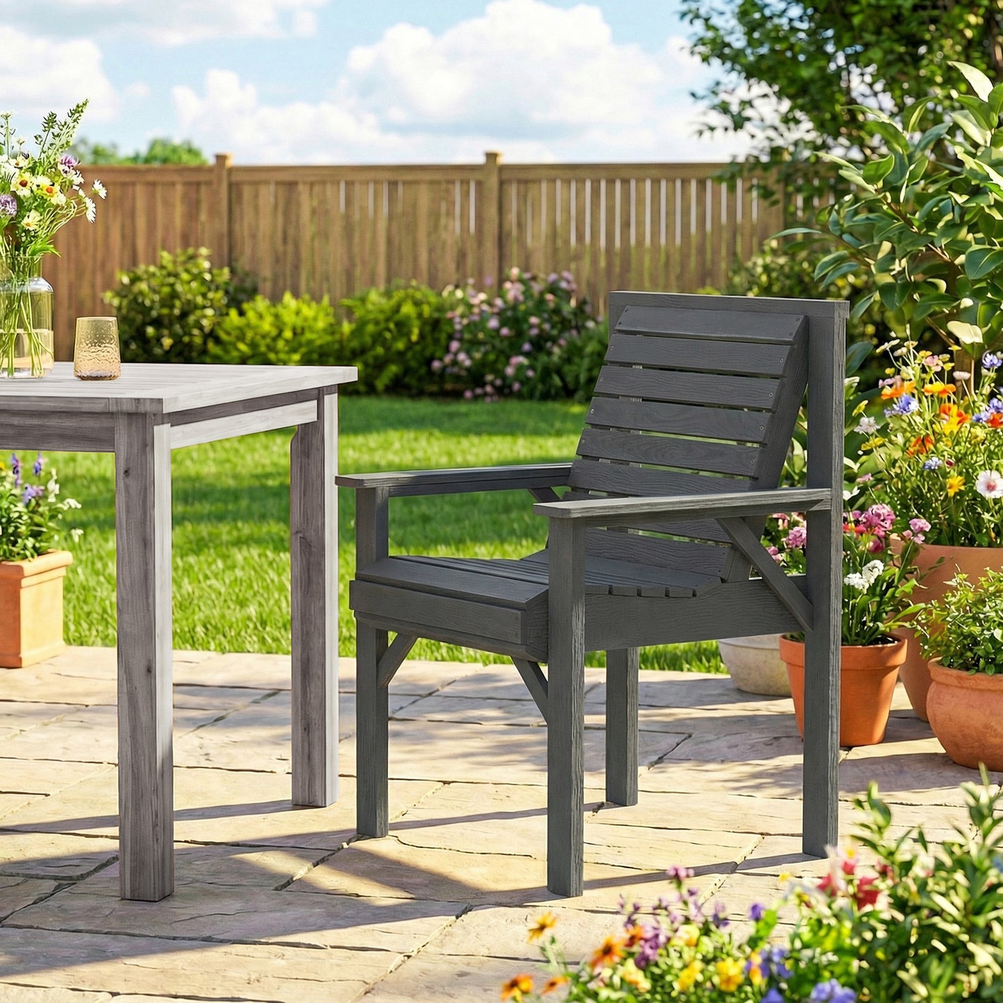 Outsunny Wooden Garden Dining Chair Outdoor Armchair With Curved Seat And Wide Armrests Grey Embossed Finish