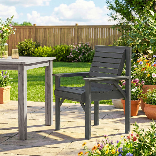 Outsunny Wooden Garden Dining Chair Outdoor Armchair With Curved Seat And Wide Armrests Grey Embossed Finish