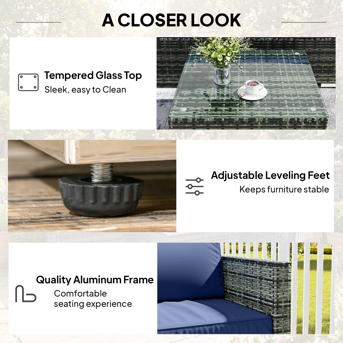 Outsunny Four Piece Rattan Patio Sofa Set With Cushions And Glass Table In Blue