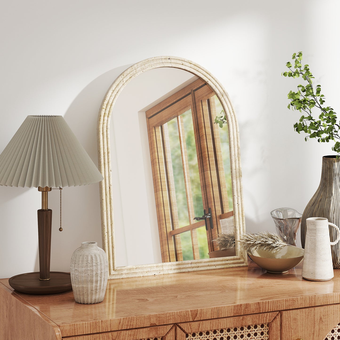 HOMCOM Arched Wall Mirror With Grooved Edge And Hooks Wall Mounted Modern Tempered Glass Beige