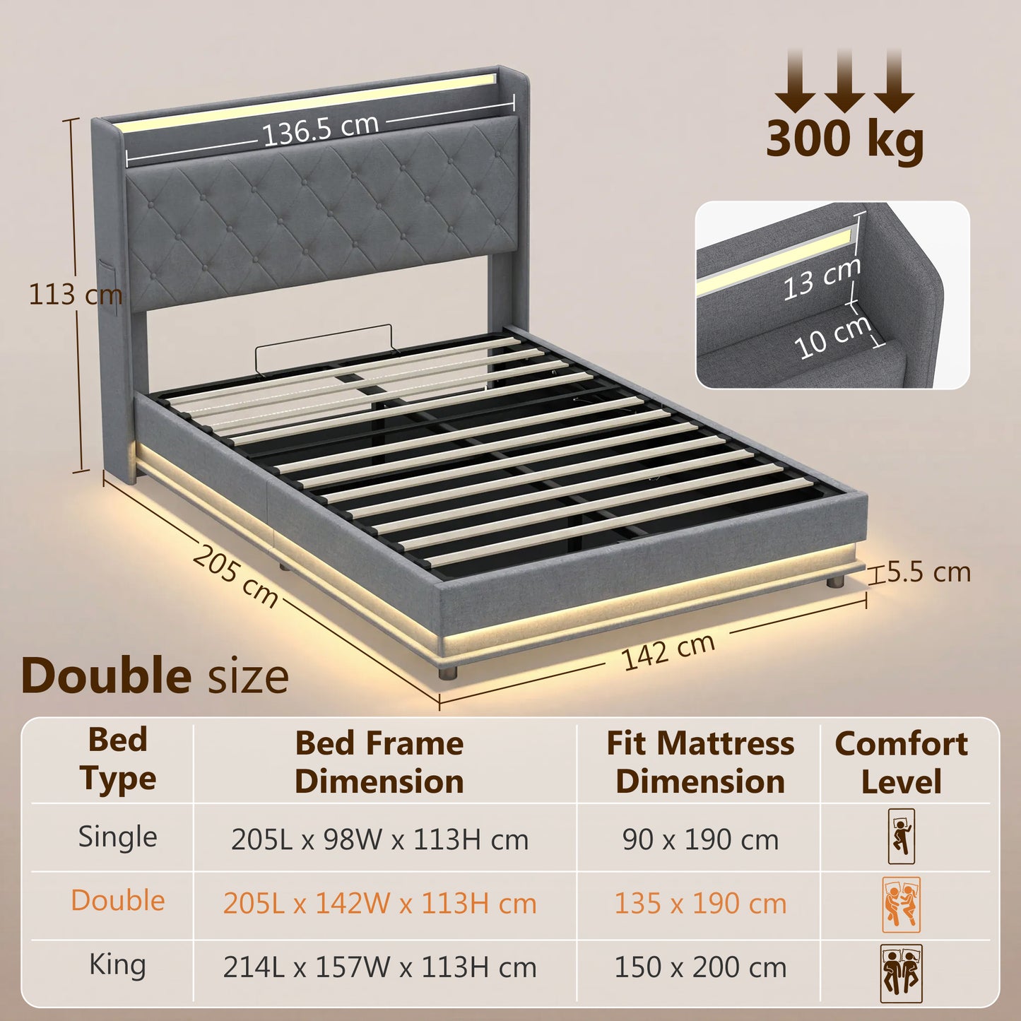 HOMCOM 4ft6 Double Bed Frame With Headboard And Hydraulic Storage LED Lights And USB Charging Station Grey