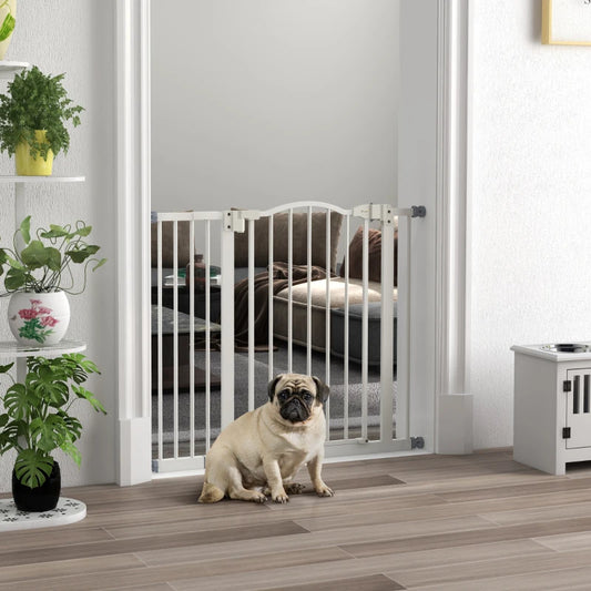 PawHut Metal Adjustable Pet Gate Safety Barrier with Auto-Close Door - White (74-94cm)