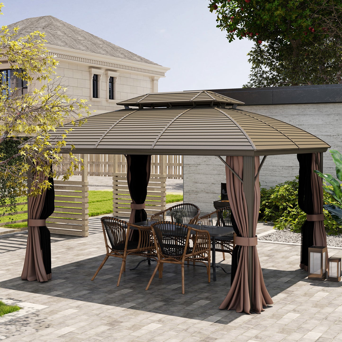 Outsunny 3.65m X 3m Hardtop Steel Gazebo Canopy With Aluminium Frame Double Roof Net Sidewalls And Curtains Coffee