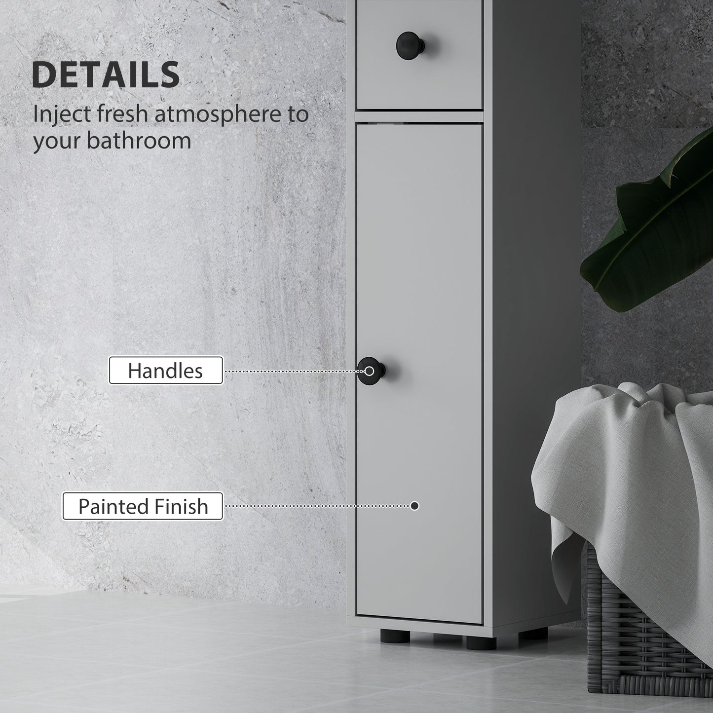 Kleankin 180cm Slim Bathroom Cabinet With Drawer Shelves And Cupboards Grey For Small Bathrooms