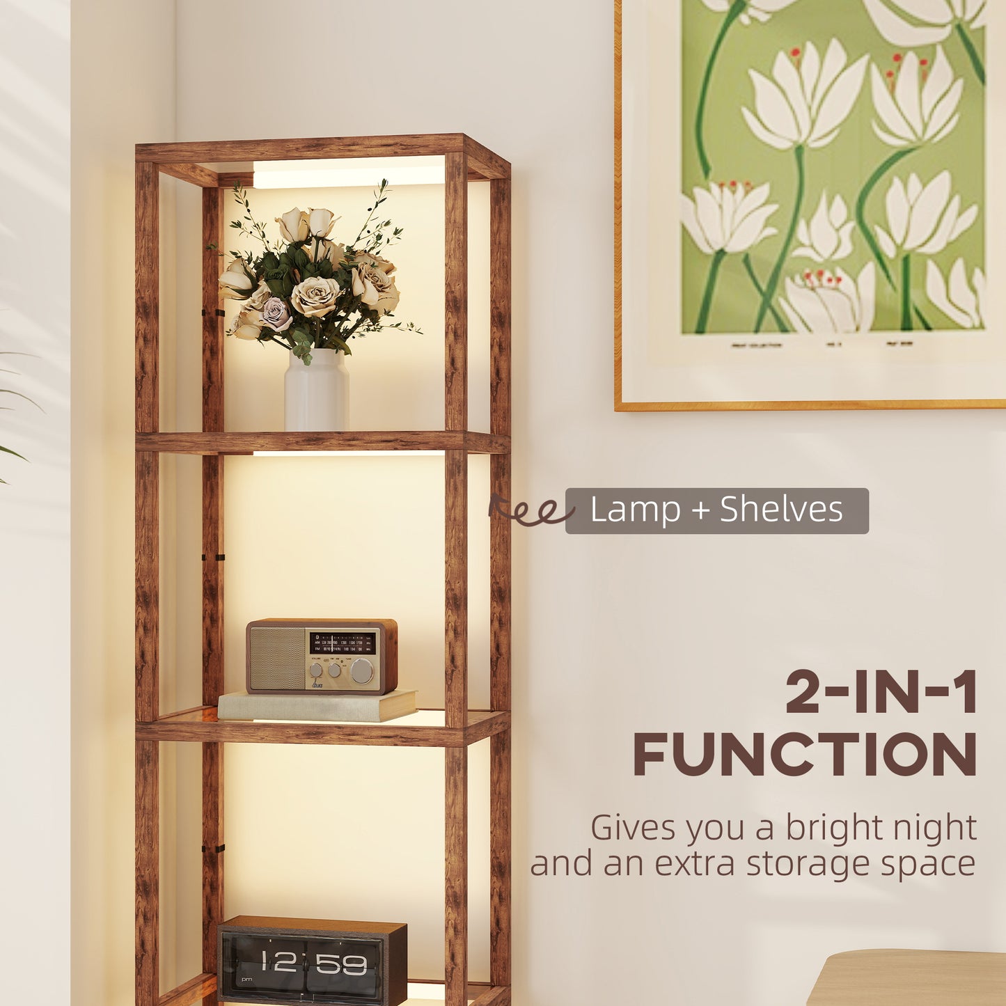 Homcom Four-Shelf Floor Lamp With Rustic Brown Finish Tempered Glass Shelves Warm White LEDs Three Brightness Levels