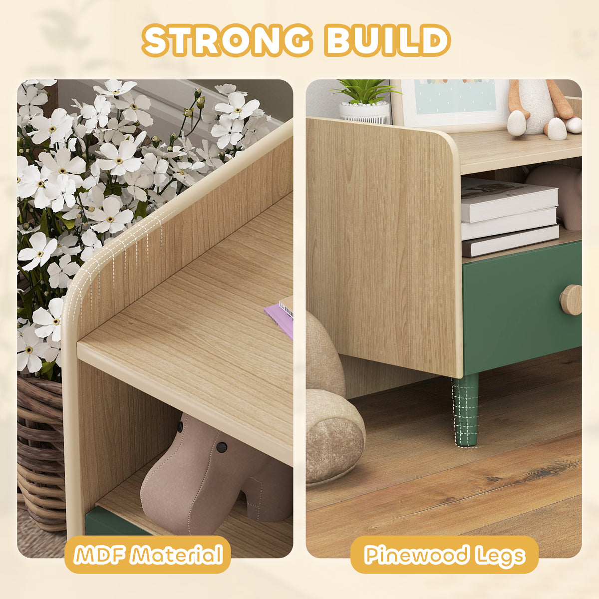 AIYAPLAY Kids Wooden Bedside Table With Drawer And Open Storage Shelf Green