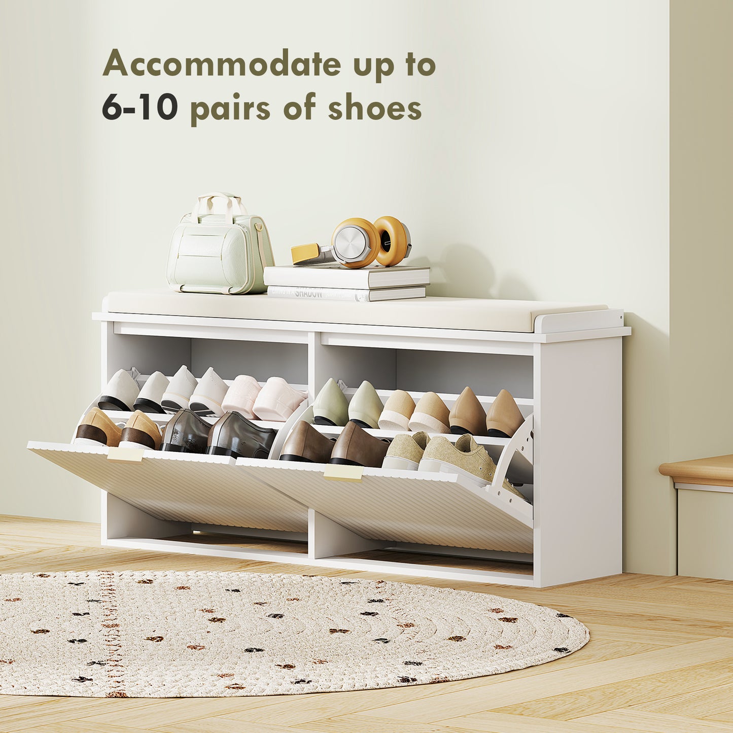 HOMCOM White Shoe Bench With Top Seat And Flip Drawer 240 Kg Capacity Linen Feel Cushion