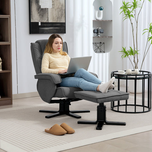 HOMCOM Charcoal Grey Velvet Swivel Recliner Chair With Footstool 135 Degree Recline For Living Room