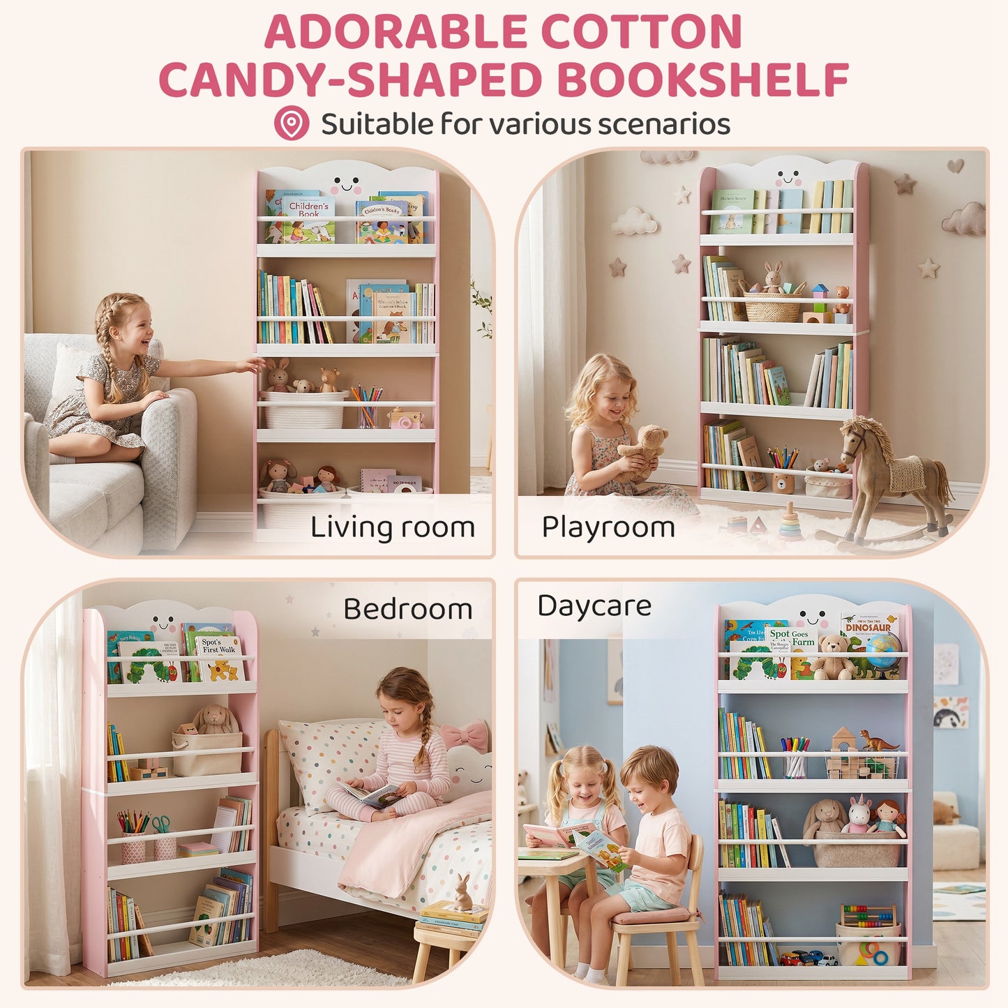 AIYAPLAY 4 Tier Kids Bookshelf Wall Mounted Pink Bookcase Toddler Playroom And Kids Room